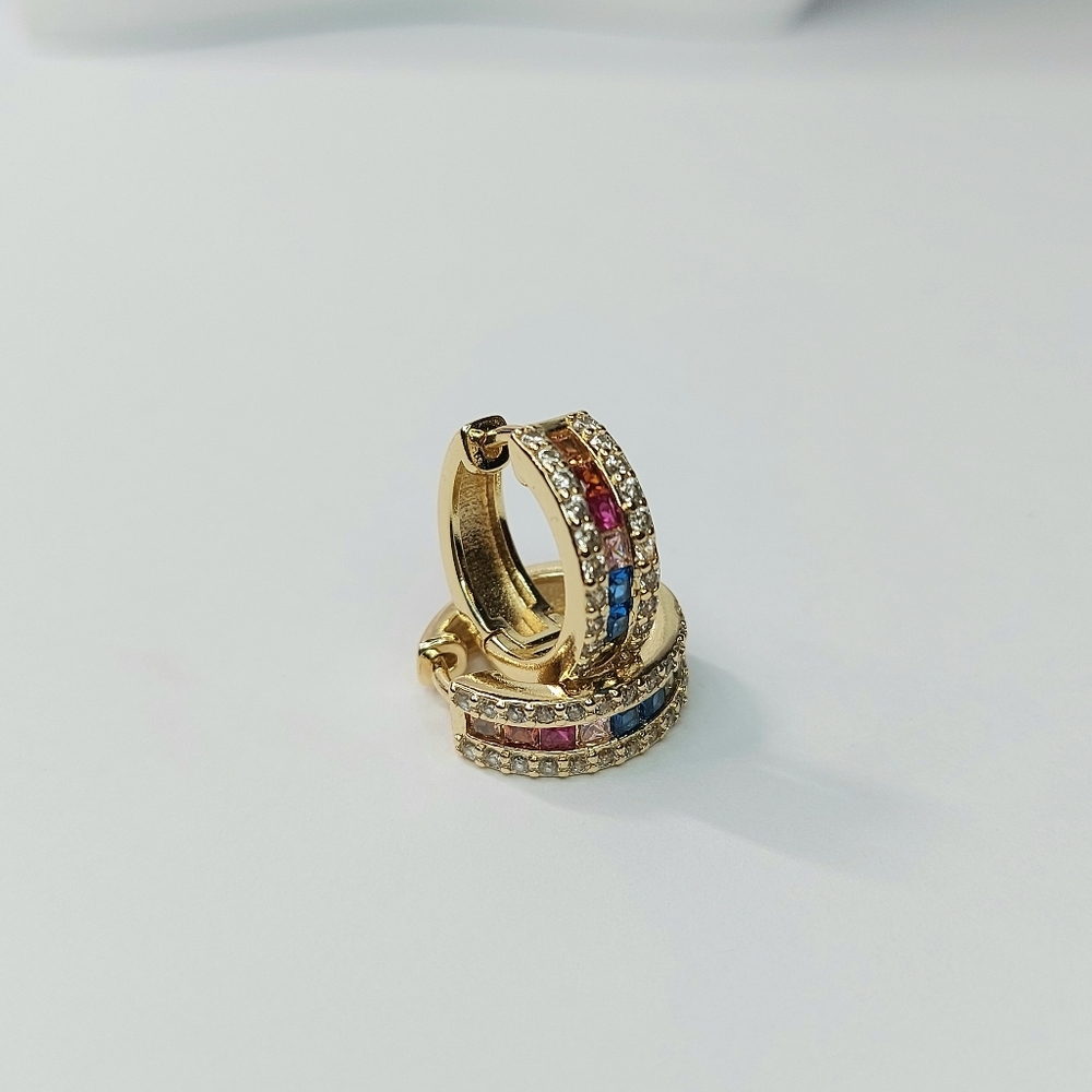 Gold Hoop Earrings with Red, Blue, and Pink Stones